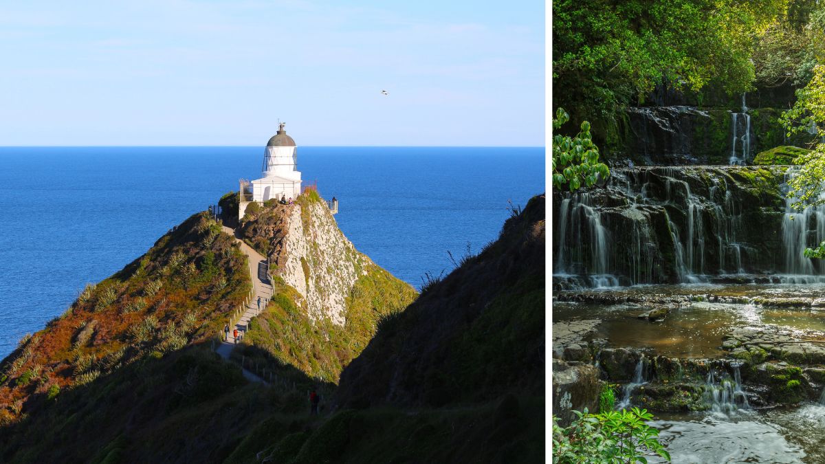 Lighthouse on a rocky coastal cliff beside a tiered forest waterfall