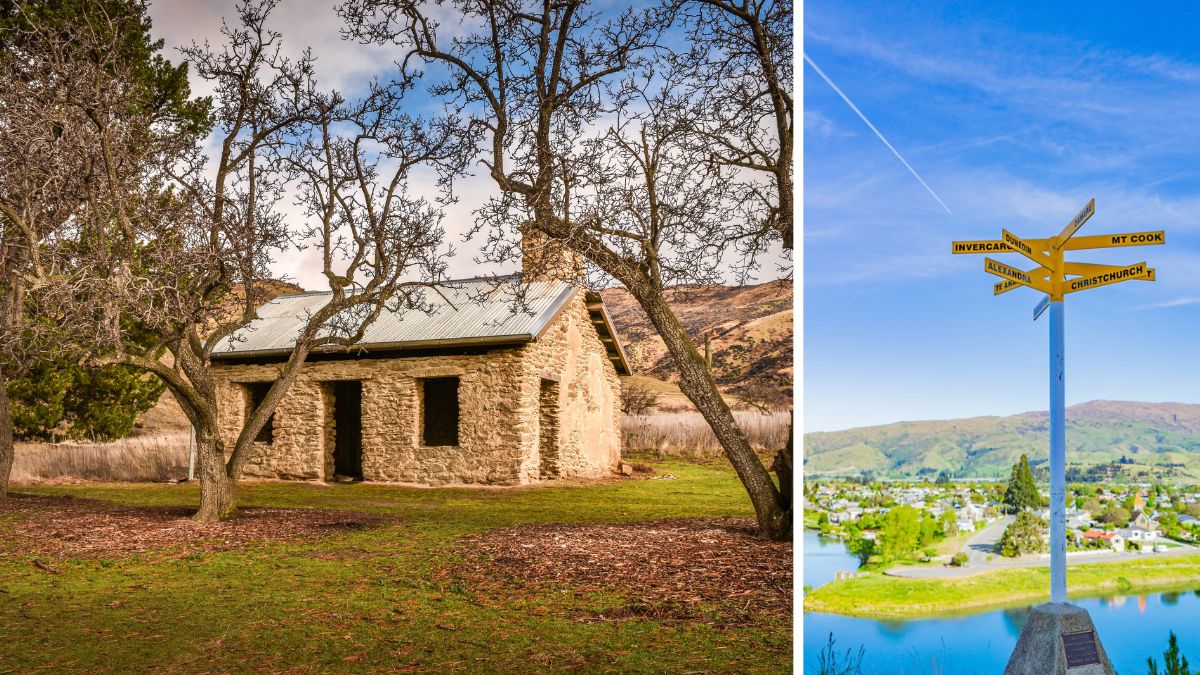 Historic stone cottage and a signpost directing travelers to New Zealand destinations including Invercargill, Dunedin, Mt Cook, and Christchurch