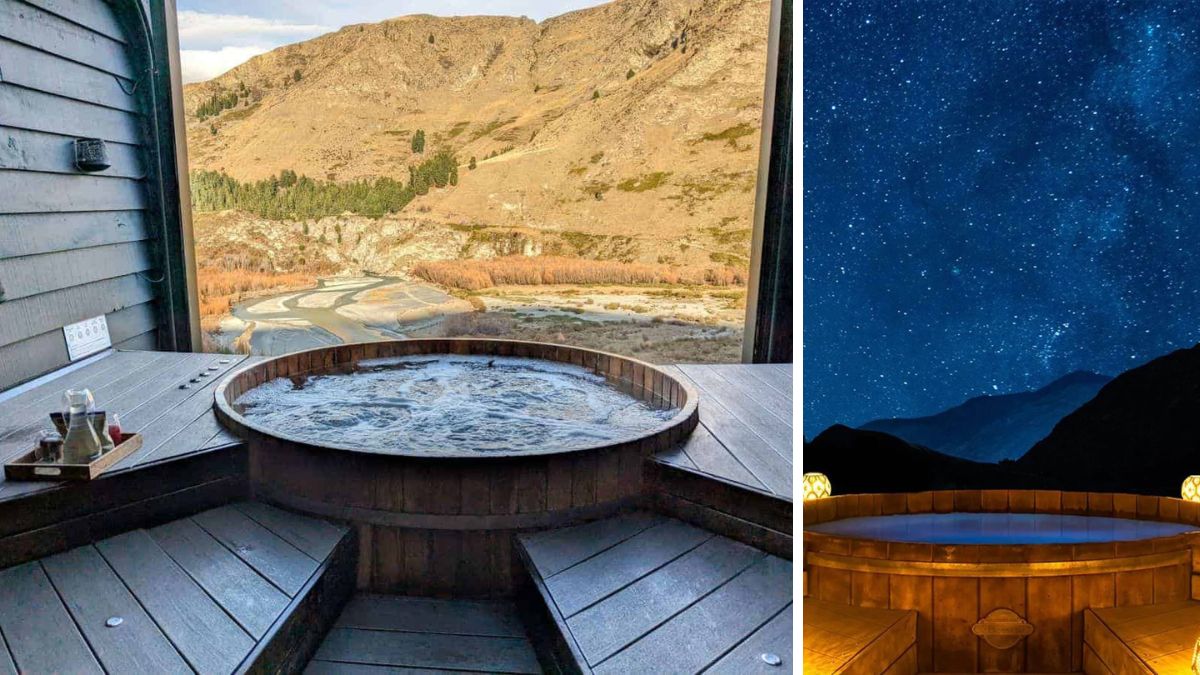 Outdoor hot tub overlooking a mountain valley, shown in daylight and under a starry night sky