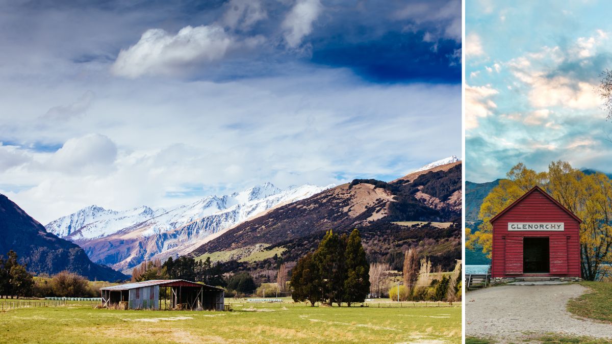 Mountain landscape near Glenorchy with snow-capped peaks and a red building labeled “GLENORCHY.”