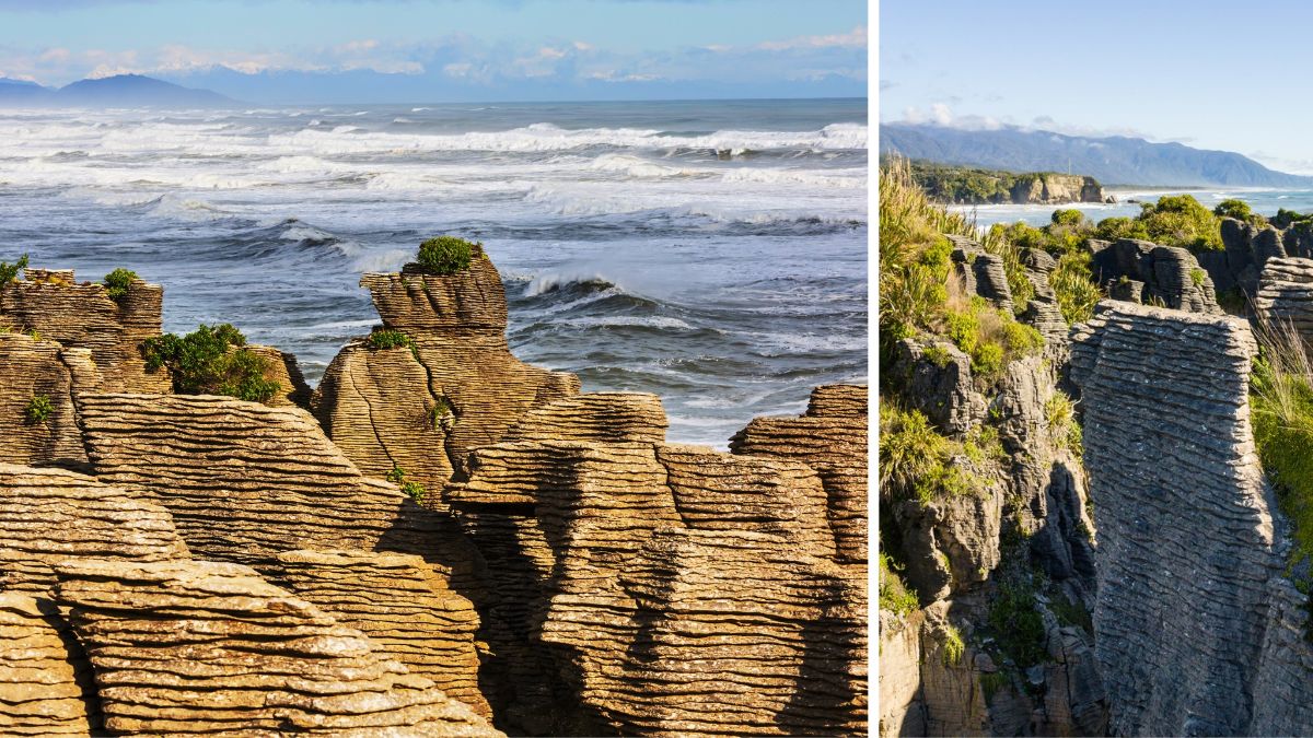 Layered limestone coastal rock formations beside a rough ocean, with mountains in the background
