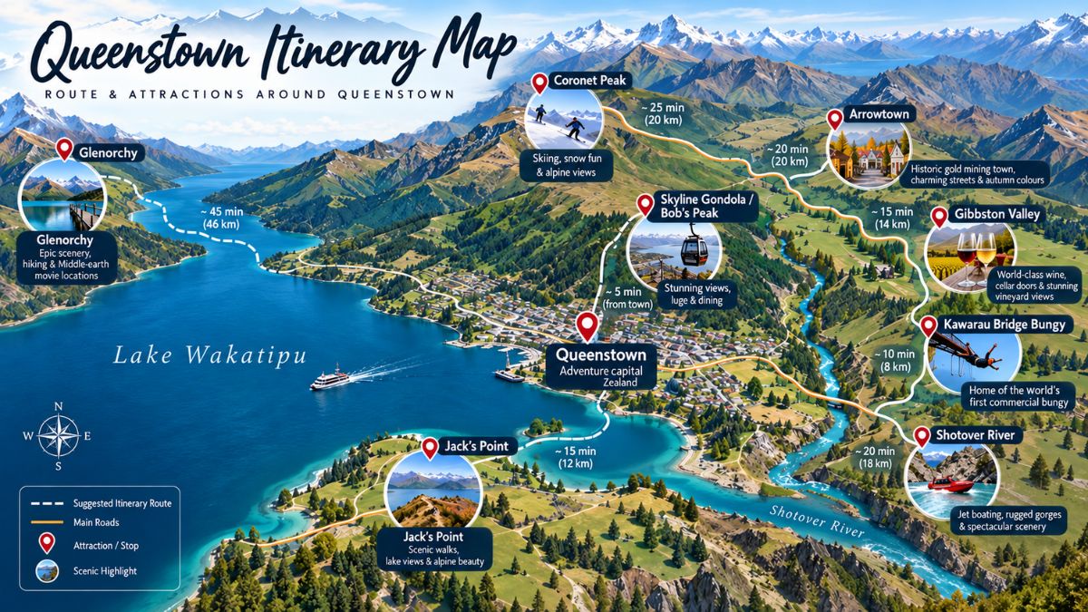 Illustrated map of Queenstown Travel Guide, New Zealand, showing routes and travel times to nearby attractions