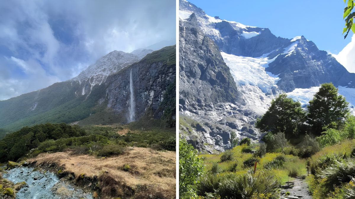 Split view of two rugged mountain landscapes: a waterfall on the left and a glacier on the right