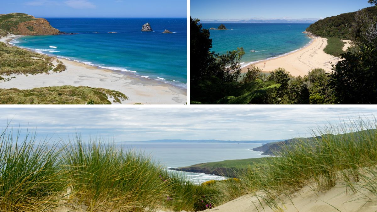 Collage of three coastal landscapes with sandy beaches, turquoise water, rocky headlands, and dune grass