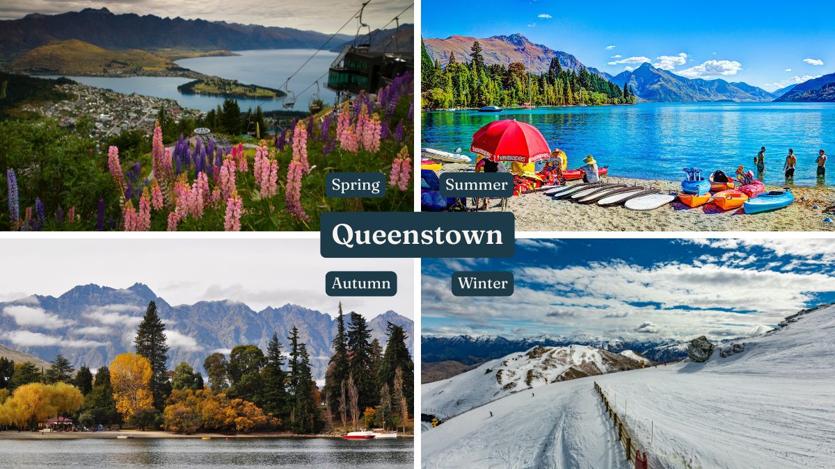 Four seasonal views of Queenstown, New Zealand: spring, summer, autumn, and winter landscapes