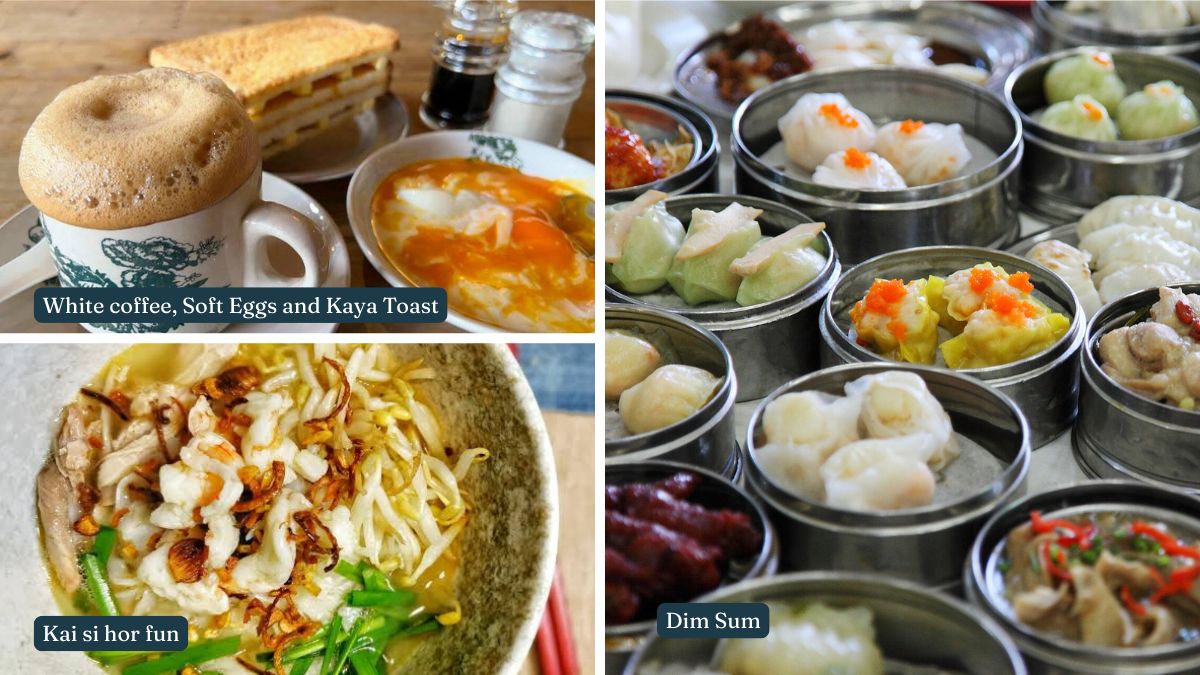 Collage of Malaysian dishes: white coffee with soft eggs and kaya toast, kai si hor fun, and dim sum