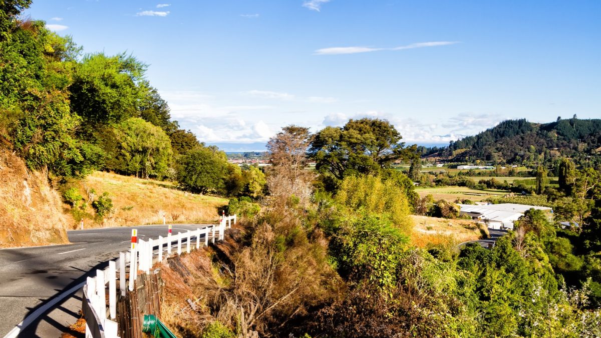 Winding road overlooking a green valley and wooded hills under a clear blue sky