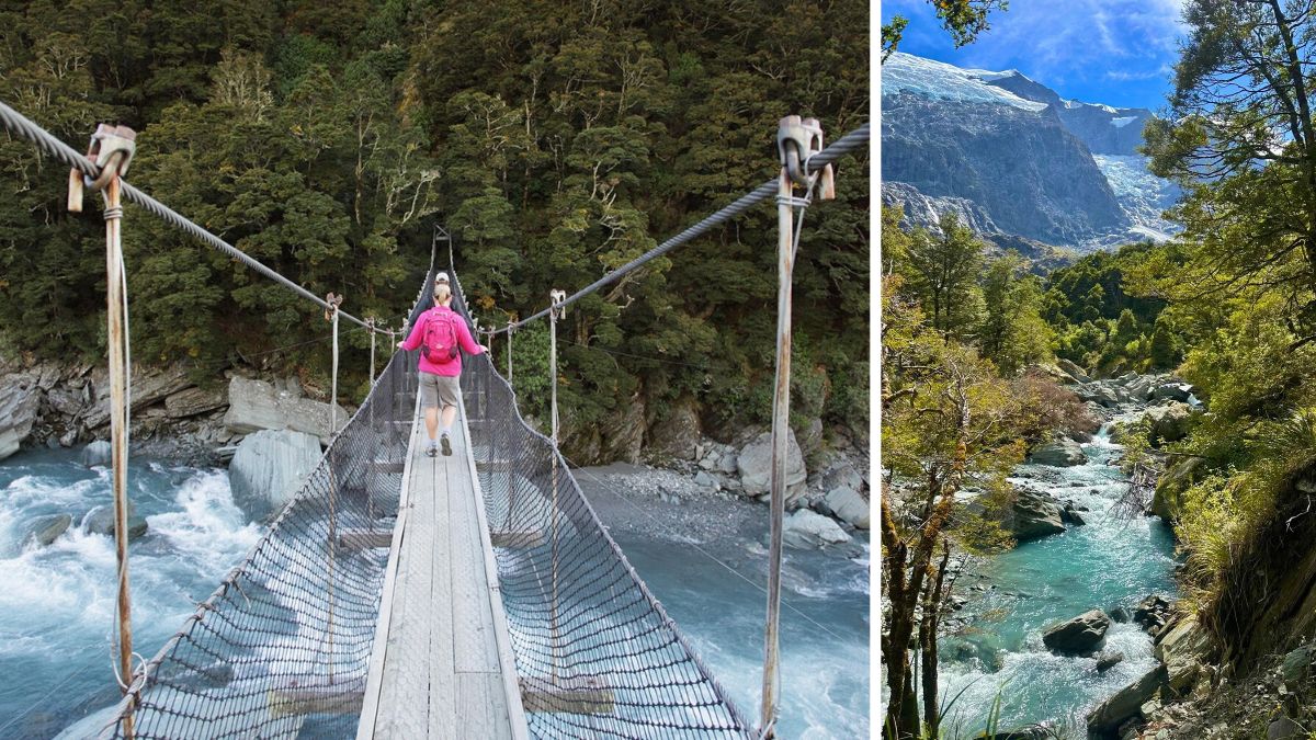 Hiker crossing a suspension bridge over a turquoise river, beside a glacier-fed mountain valley and stream