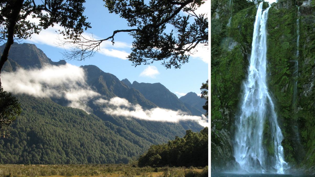 Mountain range shrouded in clouds beside a tall waterfall cascading down a moss-covered cliff, Te Wahipounamu UNESCO site, New Zealand's West Coast.