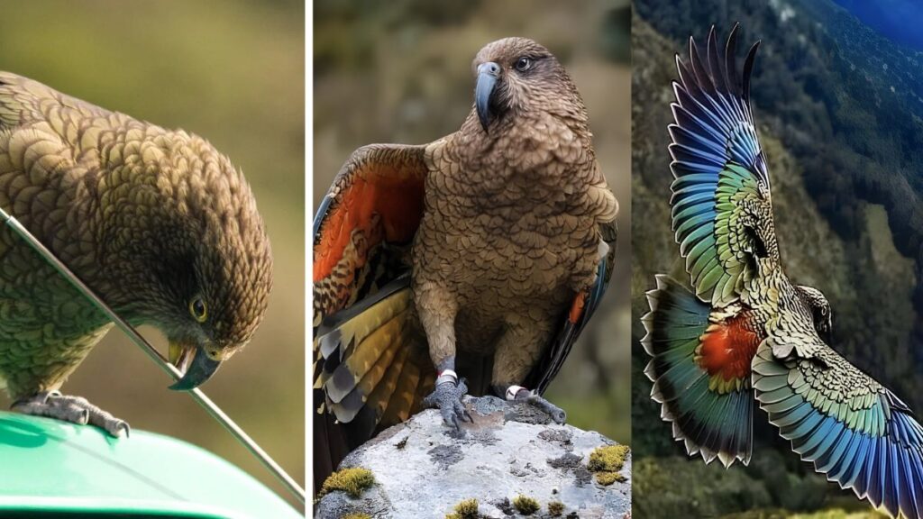 Three kea parrots: one nibbling a surface, one perched on a rock, and one flying with wings spread
