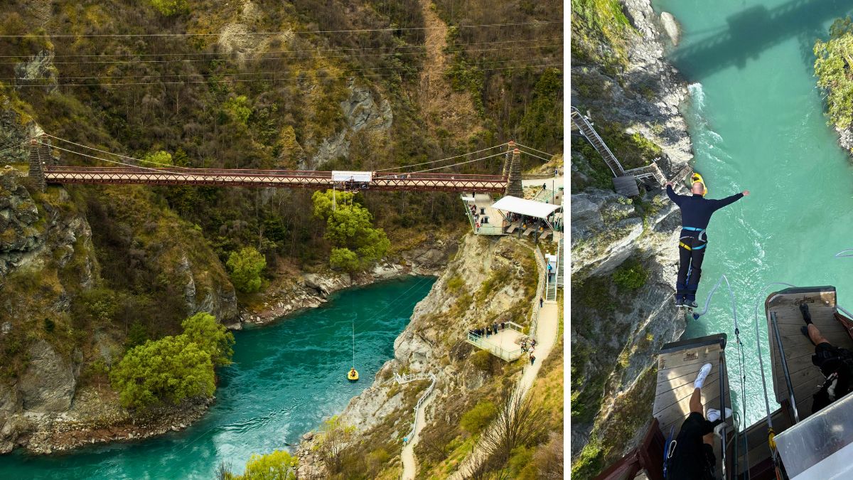 Suspension bridge and bungee jumper over a turquoise river in a rocky canyon