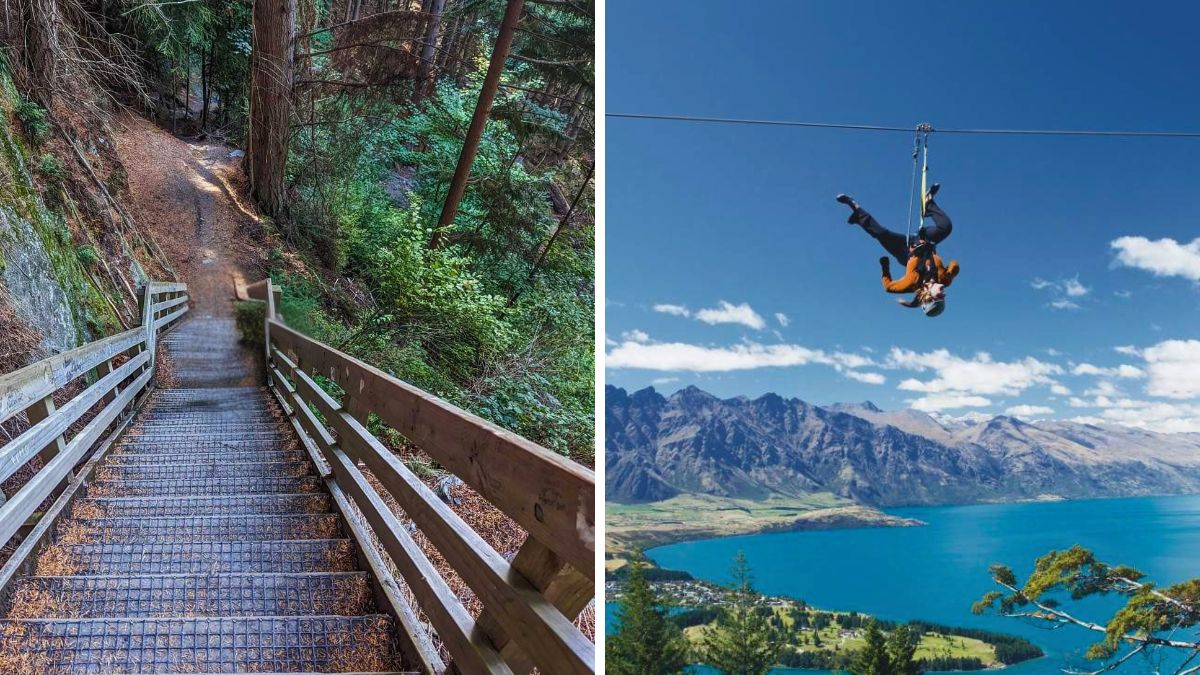 Split image showing a forest footbridge and a person suspended upside down from a cable above a mountain lake