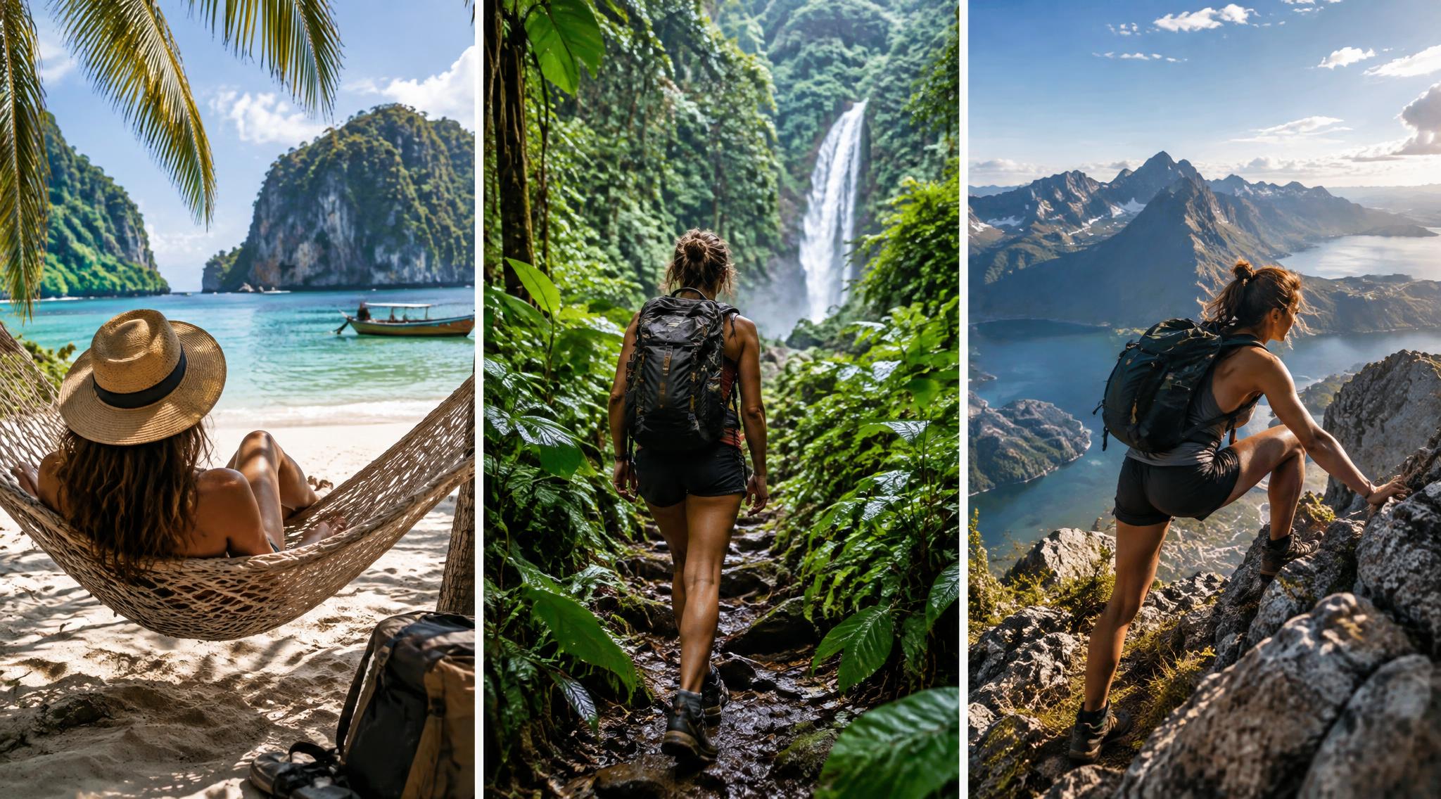 Triptych of a traveler relaxing on a tropical beach, hiking to a waterfall, and climbing above a mountain lake