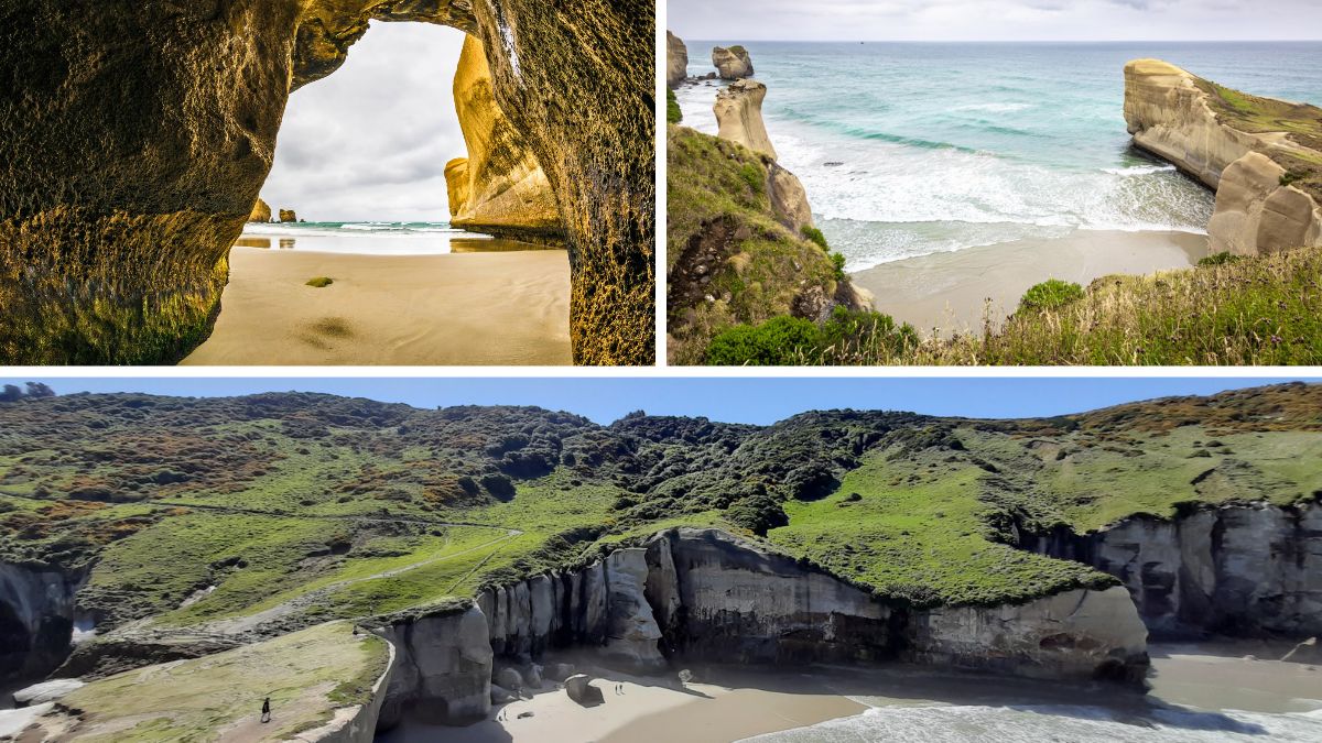 Collage of rugged coastal cliffs, sea arches, beaches, and turquoise ocean