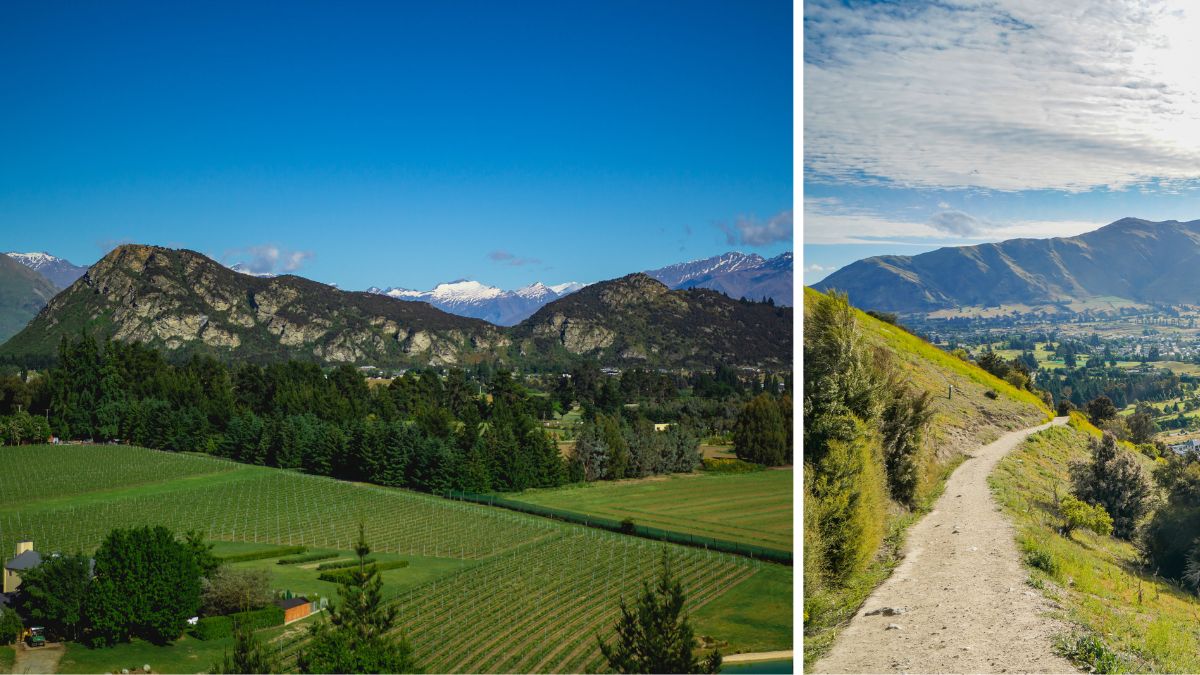 Two views of a mountain valley, showing orchards and vineyards below rugged peaks and a winding hillside trail