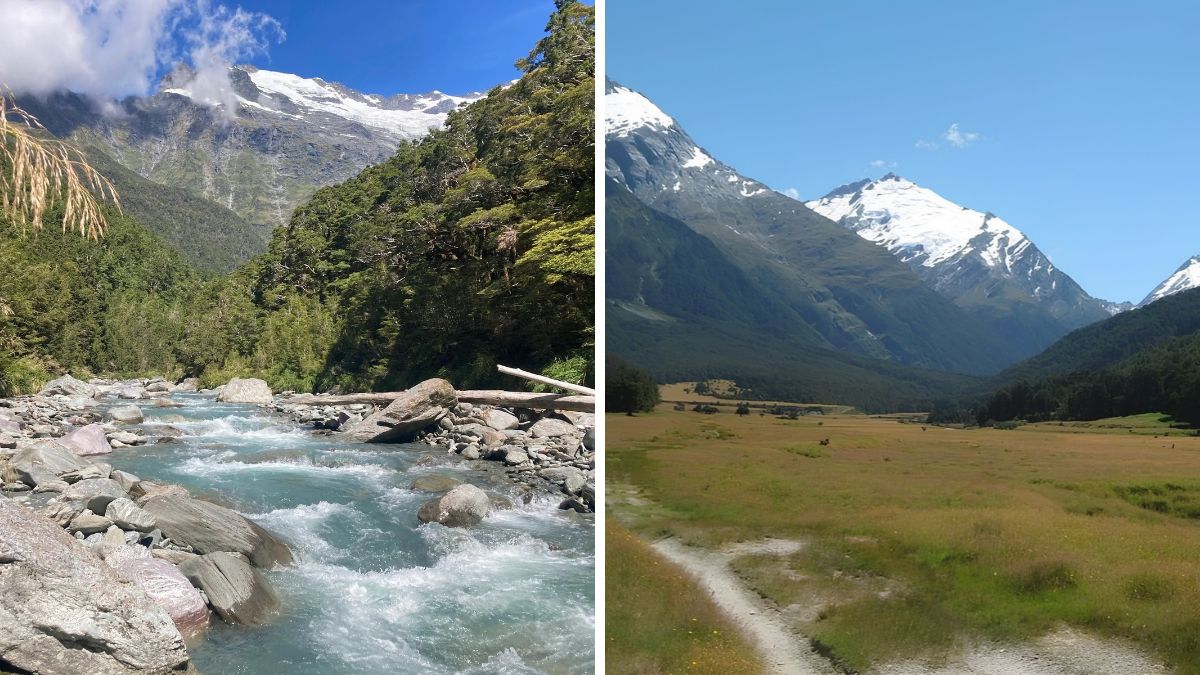 Split image of a rocky turquoise river beneath snow-capped mountains and a grassy valley with a mountain backdrop