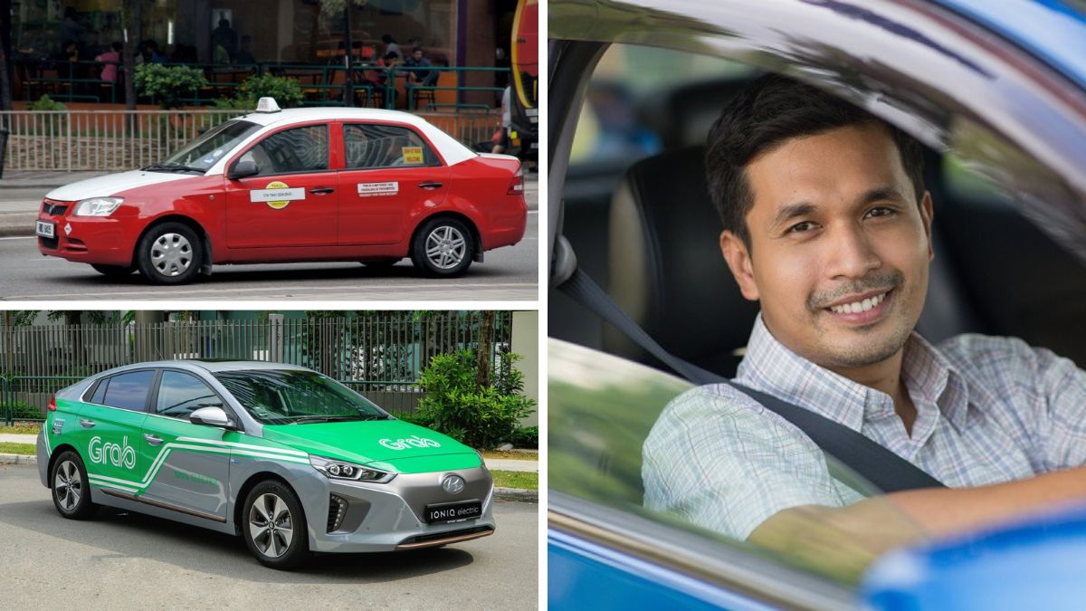 Collage of a red taxi, a green Grab electric car, and a smiling man seated in a car