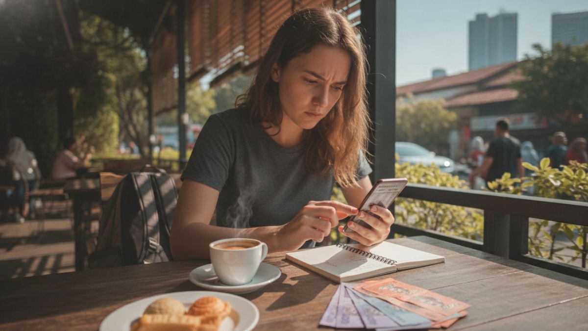 Woman at an outdoor café checks her phone beside coffee, a notebook, pastries, and banknotes